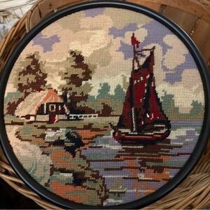Framed Vintage Needlepoint: Cottage or Windmill Folk Art